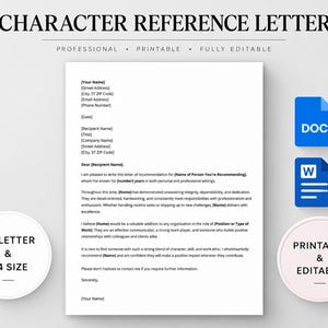 Puede incluir: Una plantilla de carta de referencia con texto negro sobre fondo blanco y marcadores de posición para información de contacto y detalles de recomendación. Incluye iconos de documento azules y etiquetas circulares que indican compatibilidad con tamaños US Letter y A4.