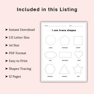 May include: A printable worksheet with the text "I can trace shapes" and various shapes like circles, squares, and stars. The worksheet is designed for tracing practice and includes the text "Included in this Listing".