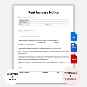 Printable Rent Increase Notice: Editable Letter Template (WORD, Google Docs, PDF, Instant Download)
