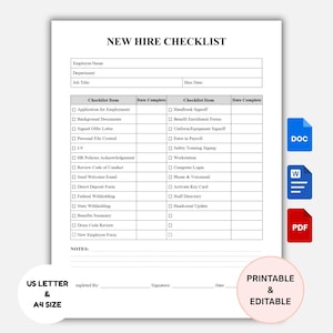 New Hire Checklist Printable | Employee Onboarding Checklist | HR New Employee Form | Human Resources Templates Editable Google Docs Word