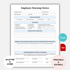 Employee Warning Notice Printable: Editable HR Form (PDF & Canva Template)