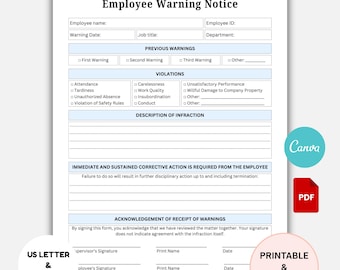 Employee Disciplinary Notice. Employee Write Up. Employee Warning Notice. Business Tool. Printable download PDF. Editable Canva Template