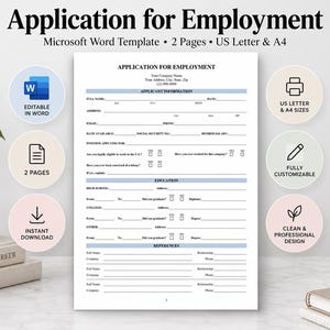 Peut inclure: Un modèle de formulaire de candidature à un emploi sur deux pages pour Microsoft Word, comprenant des sections pour les informations du candidat, l'éducation et les références. Le document présente des en-têtes bleus et du texte noir.