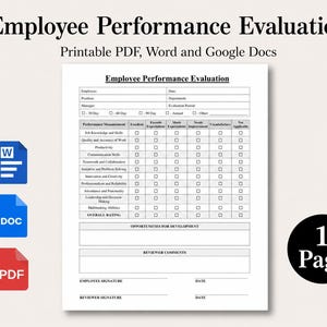 May include: A white document titled Employee Performance Evaluation with fields for employee details, a performance rating grid, sections for development opportunities and reviewer comments, and signature lines, accompanied by Word, DOC, and PDF icons.