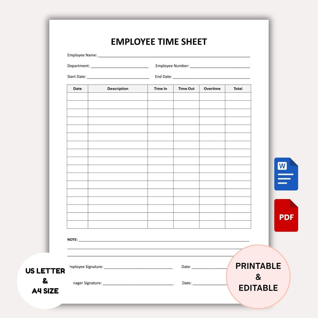 Printable Employee Timesheet Log: Editable Word & PDF Template - Etsy