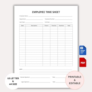Könnte beinhalten: Ein weißes Mitarbeiter-Zeiterfassungsblatt mit der Überschrift "EMPLOYEE TIME SHEET" oben. Das Blatt enthält Felder für den Namen des Mitarbeiters, die Abteilung und die Zeiterfassung. Der Text "US LETTER & A4 SIZE" und "PRINTABLE & EDITABLE" ist ebenfalls enthalten.