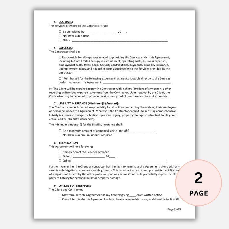 May include: A white document with text, including sections on due dates, expenses, and liability insurance. The document is labeled "Page 2 of 5" and includes a pink circle with the number "2" and the word "PAGE".