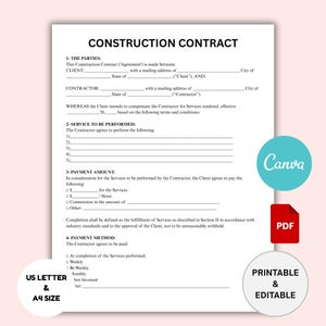 Construction Contract Agreement Template Printable, Editable Construction Work Contract, Construction Contract Form, Instant Download CANVA