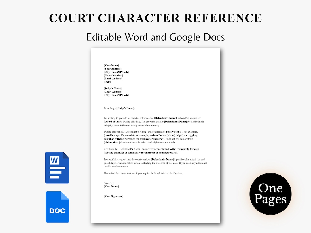 Court Character Reference Letter Template, Editable Letter to Judge ...