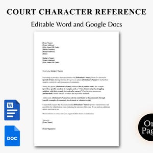 Mall för referensbrev för domstolskaraktär, redigerbart brev till domare, juridisk referens för domstol, Microsoft Word och Google Docs