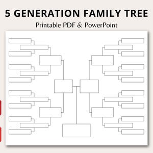 Puede incluir: Un diagrama de árbol genealógico blanco de 5 generaciones con cuadros rectangulares conectados por líneas. El texto "5 GENERATION FAMILY TREE" está en la parte superior, con "Printable PDF & PowerPoint" debajo. Dos iconos rojos con "PPT" y "PDF" están a la izquierda.