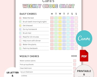 Weekly Chore Chart for Kids EDITABLE, Kids Daily Responsibility Chart, Kids Chore List, Printable Kids Daily Routine Checklist, CANVA & PDF