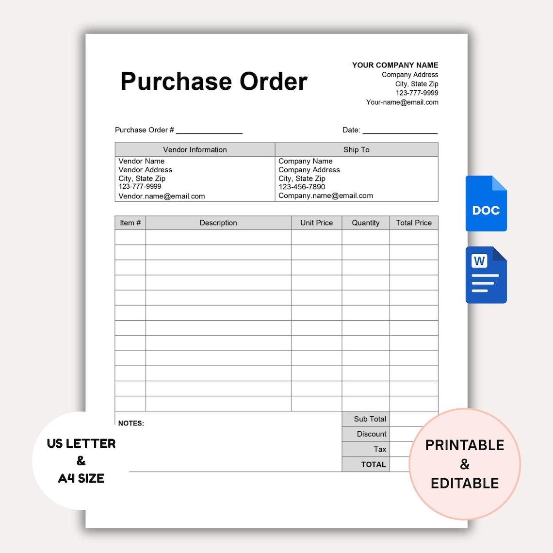 Purchase Order Template Editable Small Business, Purchase Order Form ...