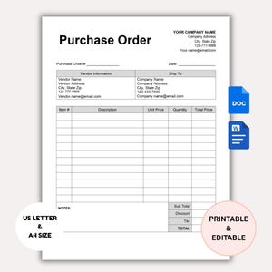 Purchase Order Template Editable Small Business, Purchase Order Form Template, Professional Business Order Sheet Form Google Docs & Word
