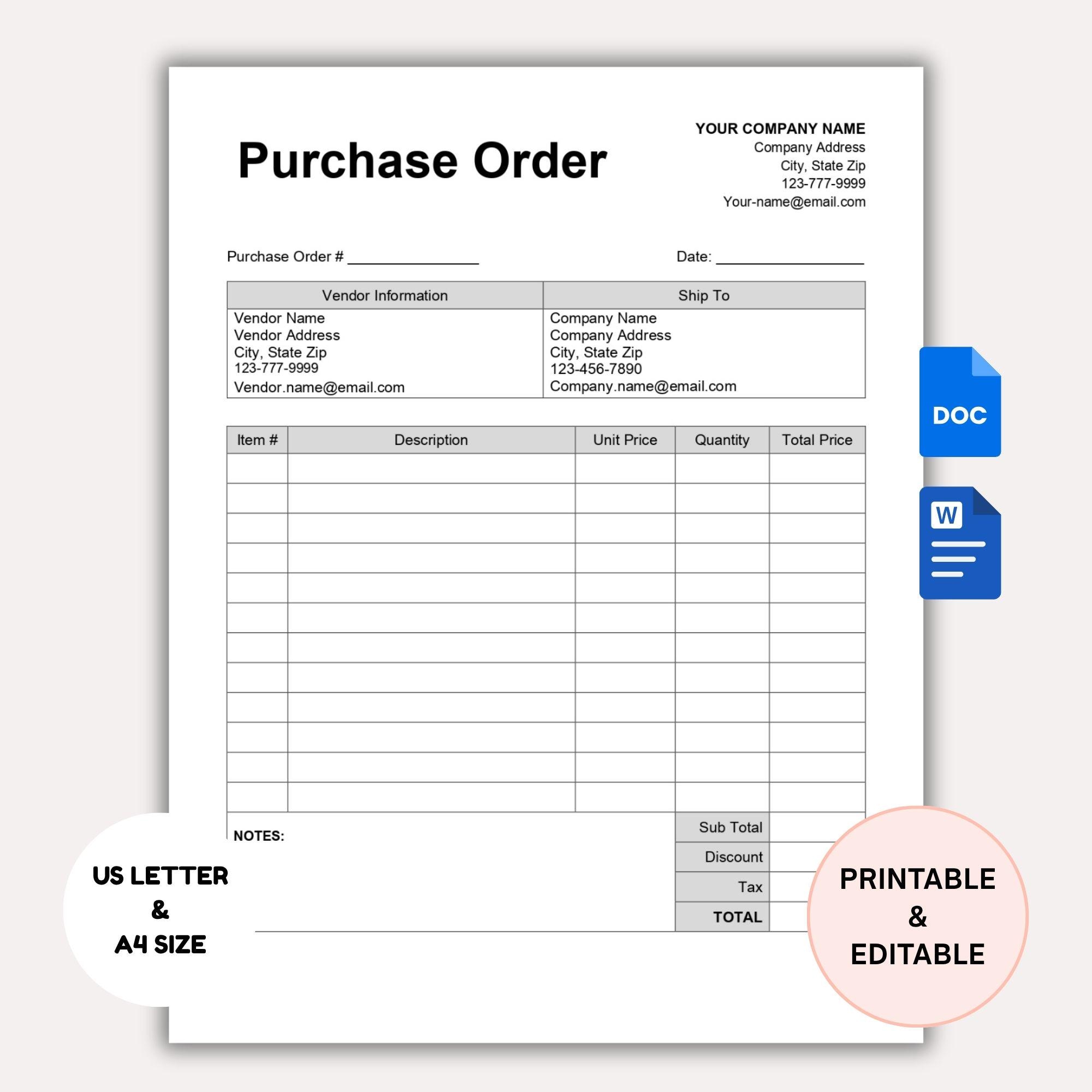 Purchase Order Template Editable Small Business, Purchase Order Form ...