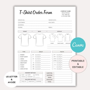 T-Shirt Order Form Printable: Editable Small Business Template (Canva, Instant Download)
