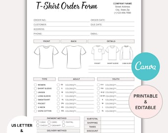 Tshirt Order Form, Shirt Order Form Template, T shirt Order Form, Custom Order Form, Order Form, Purchase Order Form, Canva Instant Download