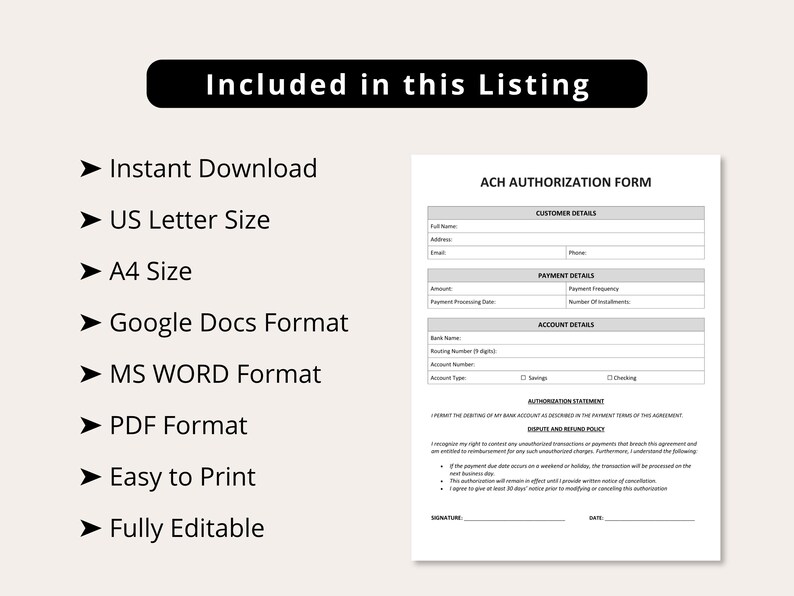 ACH Authorization Form Template, Editable Debit Authorization for ...