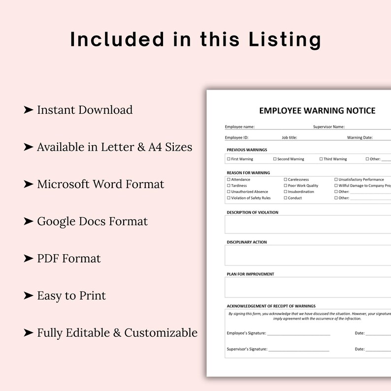 Employee Warning Notice Template (PDF, Word, Google Docs), HR Employee ...