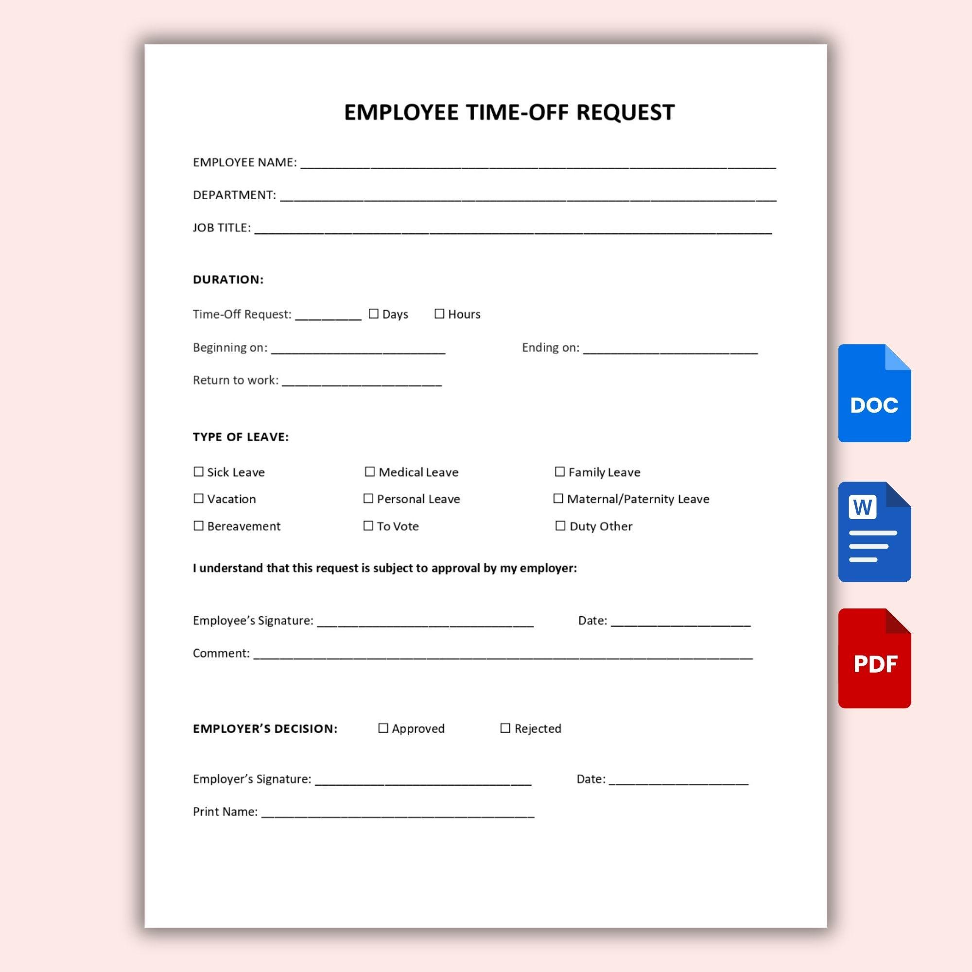 Time Off Request Background Employee Time-off Request Template: Editable Word, PDF, Google Docs ...