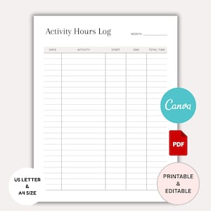 Op de afbeelding: Een witte, afdrukbare activiteitenuurlog met de titel "Activity Hours Log". De log bevat secties voor datum, activiteit, start, einde en totale tijd. Het document is beschikbaar in US Letter en A4 formaat.