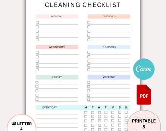 Editable Cleaning Planner, Cleaning Checklist & Schedule, Weekly House Chores, Monthly Household Planner, ADHD Home Cleaning Printable Sheet