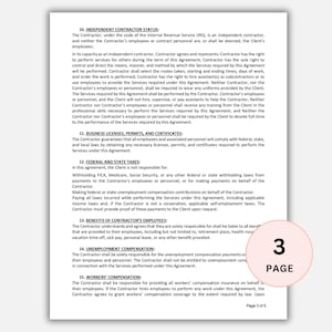 May include: A document page with text detailing independent contractor status, business licenses, and federal taxes. The page includes the text "Page 3 of 5" and a circular graphic with the number "3" and the word "PAGE".