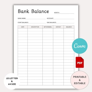 Puede incluir: Una hoja de cálculo de saldo bancario imprimible en blanco con el título "Bank Balance" en la parte superior. La hoja incluye campos para el nombre del banco, la cuenta, el saldo inicial y final, y una tabla para las transacciones. Los logotipos de Canva, PDF y US Letter & A4 Size son visibles.
