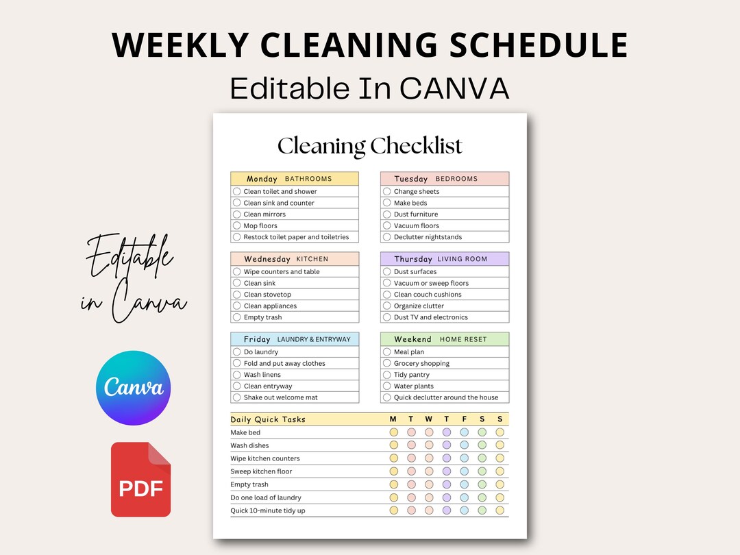 Editable Weekly Cleaning Checklist Canva, Printable Cleaning to Do List ...