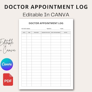 Può includere: Un modello bianco di registro degli appuntamenti medici con una griglia per le informazioni sul paziente. Il documento include campi per data, ora, fornitore, motivo della visita, prossimo appuntamento e note. Il testo in alto recita "DOCTOR APPOINTMENT LOG" e "Editable In CANVA".
