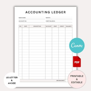 Editable Accounting Ledger Book PDF, Printable General Ledger Accounting, Budget Money Expense Tracker, Small Business Bookkeeping Template