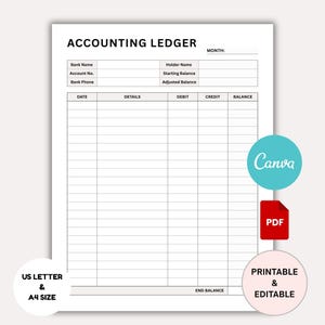 Accounting Ledger Printable | General Accounting Ledger Book | Money Expense Tracker, Small Business Bookkeeping Template Editable CANVA PDF