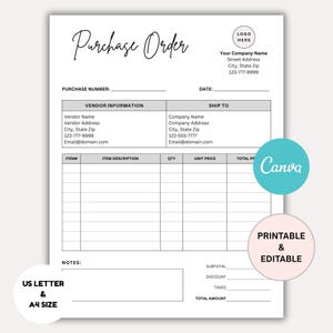 Purchase Order Template Editable | Small Business Purchase Order Form Template | Professional Business Order Sheet Form CANVA Templates