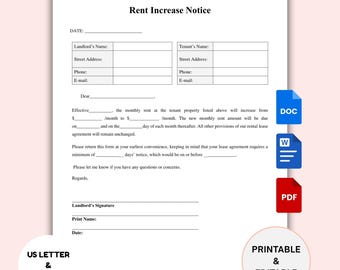 Editable Rent Increase Notice Template, Landlord Tenant Rental Increase Letter & Form, Microsoft Word and Printable PDF