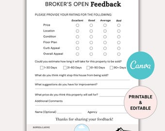 Broker Open Feedback Form, Real Estate Agent Open House Feedback Form, Realtor Tour Feedback Form, Brokers Open Feedback Questionnaire Canva