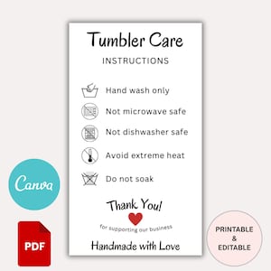 Cup Care Instructions Card | Tumbler Cup Care Card Template | Cup Care Guide Instructions Card | Washing Instructions | Mug Care Instruction