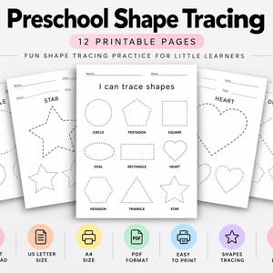 May include: A set of 12 printable preschool shape tracing pages featuring black and white worksheets with dotted outlines of circles, stars, pentagons, squares, ovals, rectangles, hearts, hexagons, and triangles, including spaces for name and date.