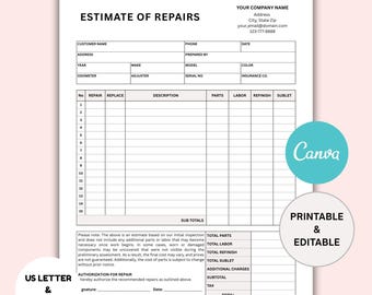 Printable Auto Body Repair Estimate Template: Automotive Service Invoice (CANVA Editable, US Letter/A4 Size)