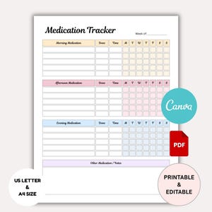 Medicine Schedule Printable | Weekly Medication Tracker | Daily Medication Log | Medicine Record | Health Tracking Sheet | Vitamin Tracker