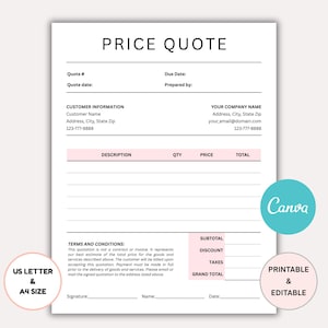 Printable Quote Template, Editable Price Quotation Form, Job Estimate Form, Small Business Price Quote Template, Job Proposal Template Canva