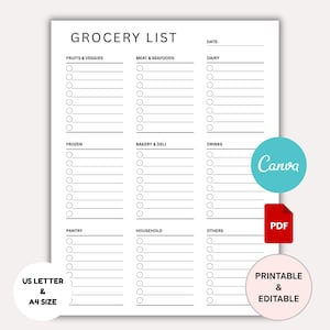 Könnte beinhalten: Eine weiße, druckbare Einkaufsliste mit dem Titel "GROCERY LIST". Kategorien sind Obst & Gemüse, Fleisch & Meeresfrüchte, Milchprodukte, Tiefkühlkost, Bäckerei & Feinkost, Getränke, Vorratskammer, Haushalt und Sonstiges.