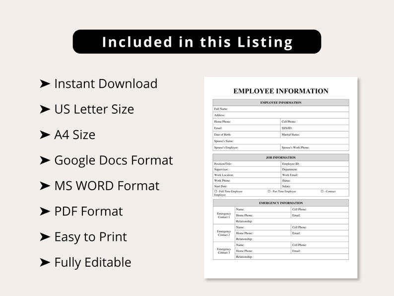 Editable Employee Information Form, New Hire Paperwork, Employee ...