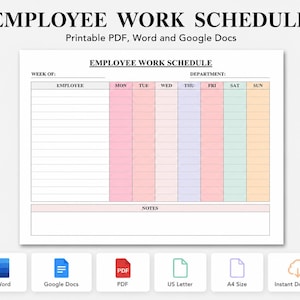 May include: A printable employee work schedule template featuring a grid with columns for each day of the week, labeled Monday through Sunday. The document includes a section for employee names, a department field, and a dedicated notes area at the bottom.