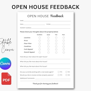 Może przedstawiać: Biały formularz opinii Open House z polami do wypełnienia dla imienia i nazwiska, adresu e-mail i adresu. Zawiera sekcje do oceniania aspektów takich jak lokalizacja i cena oraz miejsce na dodatkowe komentarze. Obecny jest również tekst "Editable in Canva".