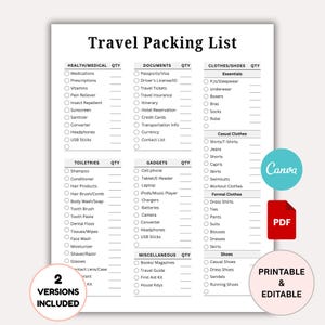 Travel Packing List Printable, Travel Vacation Planner, Travel Organizer, Packing List Template, Vacation Packing List, Vacation Checklist