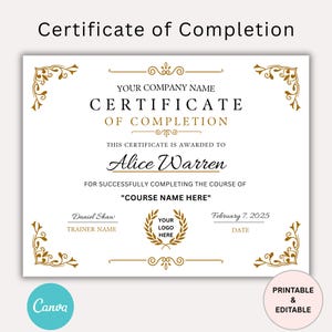 Może przedstawiać: Biały certyfikat ze złotymi elementami dekoracyjnymi i tekstem. Certyfikat głosi "Certyfikat Ukończenia" i zawiera pola na nazwę firmy, imię i nazwisko odbiorcy, nazwę kursu, imię i nazwisko trenera oraz datę.