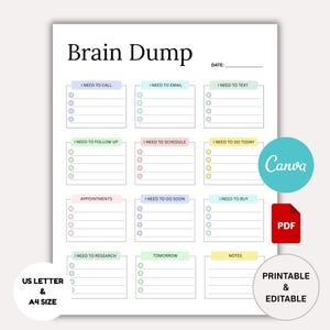 Editable ADHD Brain Dump, Printable ADHD Daily Planner, To Do List Template, Productivity Planner, Thought Organizer, Task List, Brain Dump