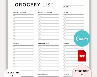 May include: A white grocery list template with the title "GROCERY LIST" at the top. Categories include Fruits & Veggies, Meat & Sea Foods, Dairy, Frozen, Bakery & Deli, Drinks, Household, and Others. The template is labeled "US LETTER & A4 SIZE" and includes "Printable & Editable" text.