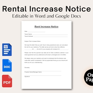 Puede incluir: Aviso de aumento de alquiler con el texto "Rental Increase Notice" y "Editable in Word and Google Docs". El documento incluye campos para la fecha, el nombre del inquilino y la dirección. También hay iconos para Word, DOC y PDF.