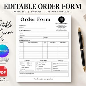 May include: A white printable order form template with black text and lines. The document includes sections for customer information, order details, payment methods, delivery options, and a total amount calculation area. A black pen is placed to the right.